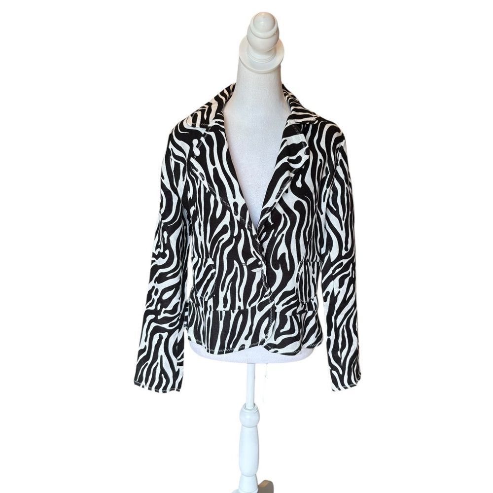 Tweeds Linen Zebra Print Blazer Black White Animal Print Womens Size Medium